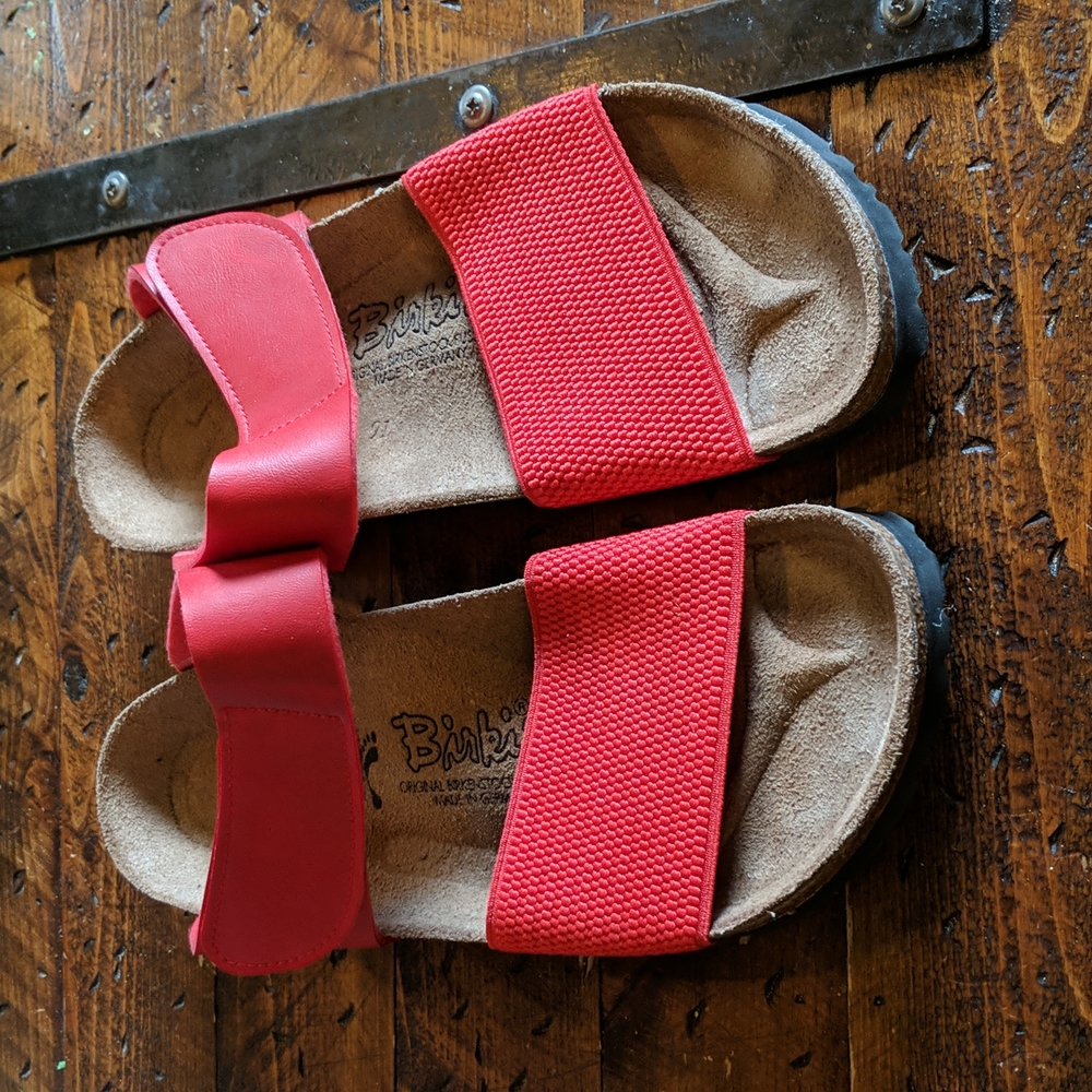 Red elastic/Velcro strap birkis by Birkenstock